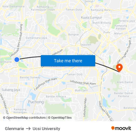 Glenmarie to Ucsi University map