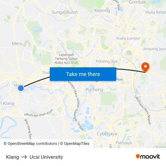 Klang to Ucsi University map