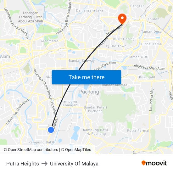 Putra Heights to University Of Malaya map