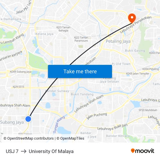 USJ 7 to University Of Malaya map