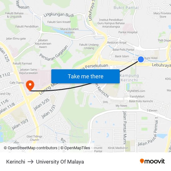 Kerinchi to University Of Malaya map