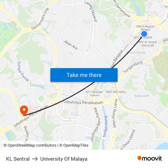 KL Sentral to University Of Malaya map