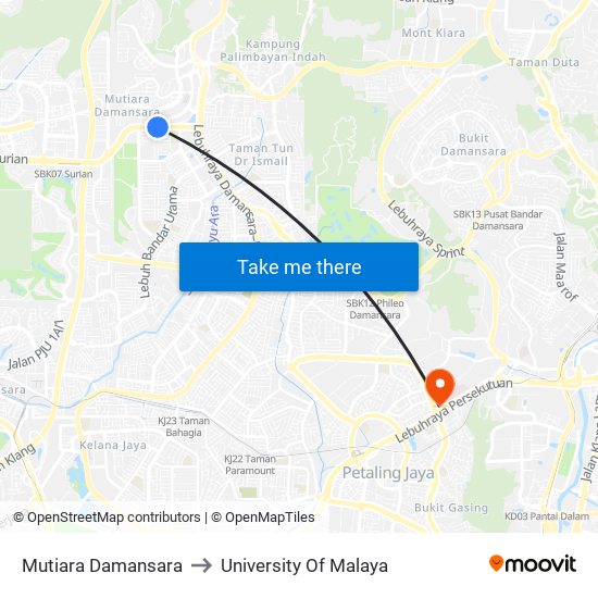 Mutiara Damansara to University Of Malaya map