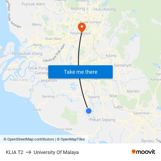 KLIA T2 to University Of Malaya map