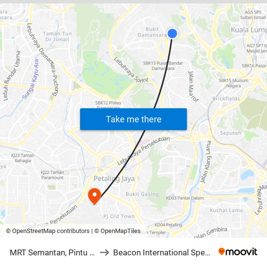 MRT Semantan, Pintu B (Kl1174) to Beacon International Specialist Centre map
