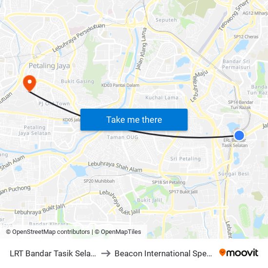 LRT Bandar Tasik Selatan (Kl152) to Beacon International Specialist Centre map