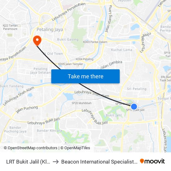 LRT Bukit Jalil (Kl149) to Beacon International Specialist Centre map