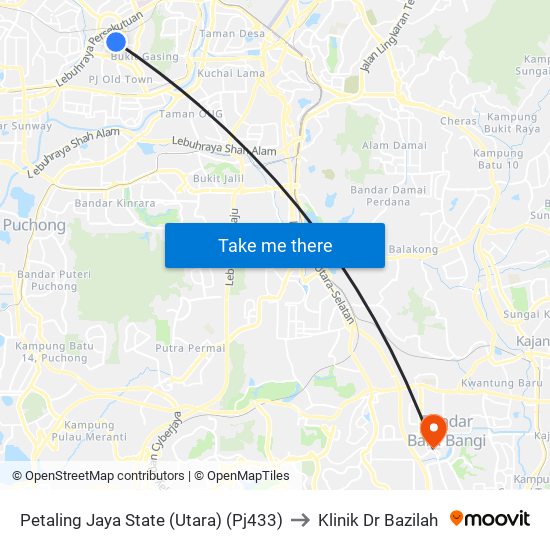 Petaling Jaya State (Utara) (Pj433) to Klinik Dr Bazilah map