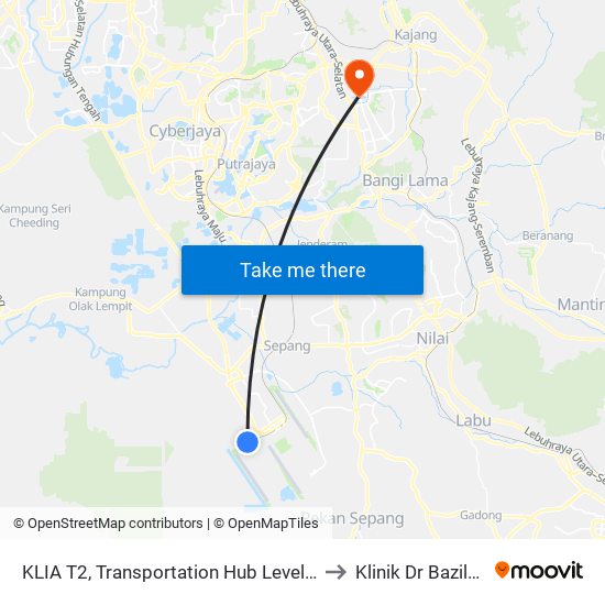KLIA T2, Transportation Hub Level 1 to Klinik Dr Bazilah map