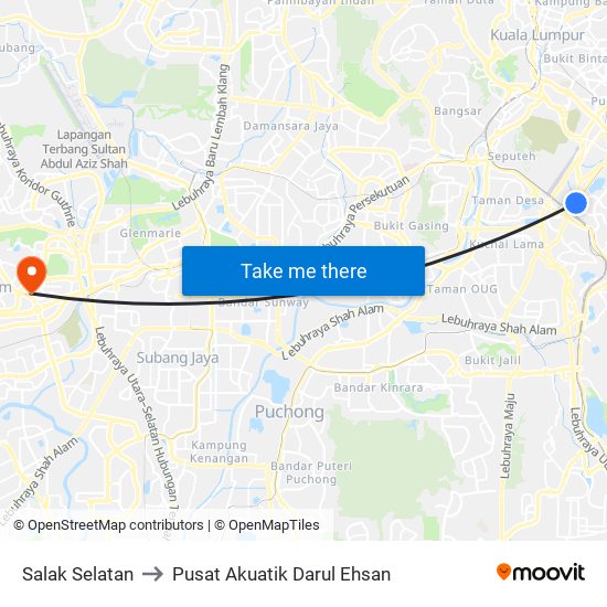 Salak Selatan to Pusat Akuatik Darul Ehsan map