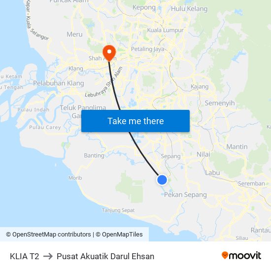 KLIA T2 to Pusat Akuatik Darul Ehsan map