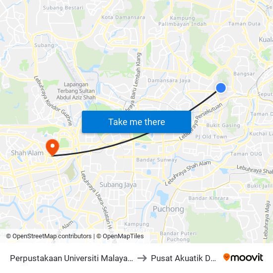 Perpustakaan Universiti Malaya (Opp) (Kl1109) to Pusat Akuatik Darul Ehsan map