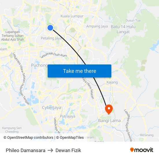 Phileo Damansara to Dewan Fizik map