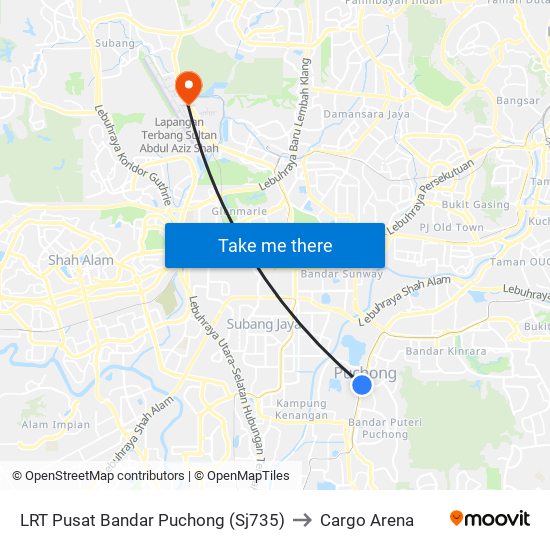 LRT Pusat Bandar Puchong (Sj735) to Cargo Arena map