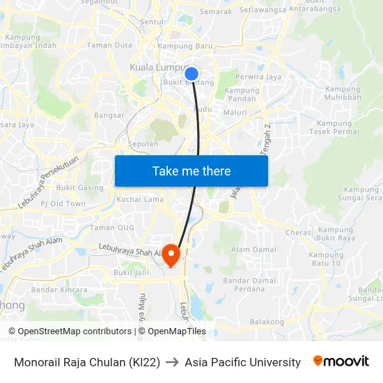 Monorail Raja Chulan (Kl22) to Asia Pacific University map