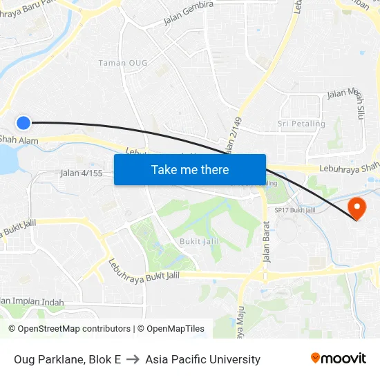 Oug Parklane, Blok E to Asia Pacific University map