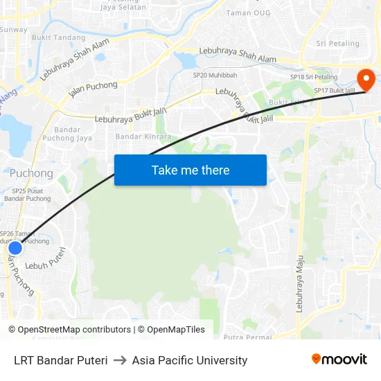 LRT Bandar Puteri to Asia Pacific University map