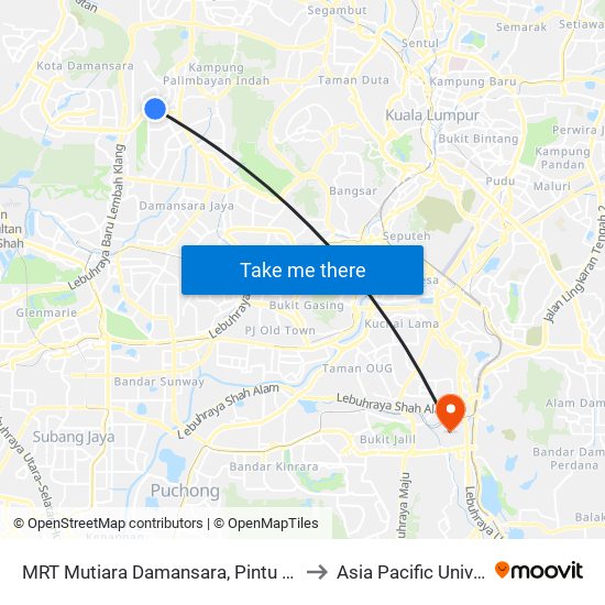 MRT Mutiara Damansara, Pintu C (Pj814) to Asia Pacific University map