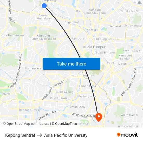 Kepong Sentral to Asia Pacific University map
