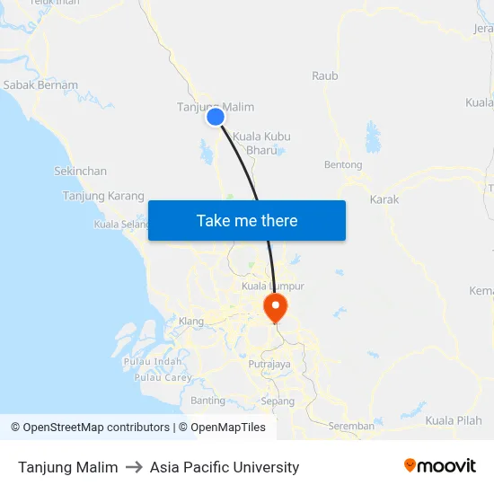Tanjung Malim to Asia Pacific University map