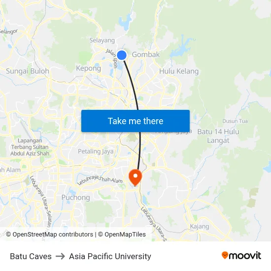 Batu Caves to Asia Pacific University map