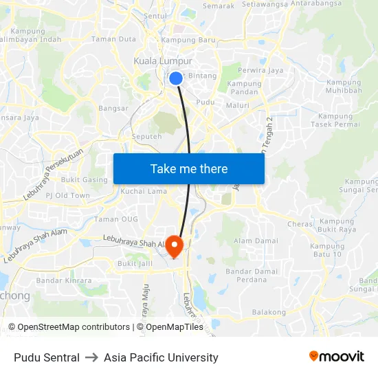 Pudu Sentral to Asia Pacific University map