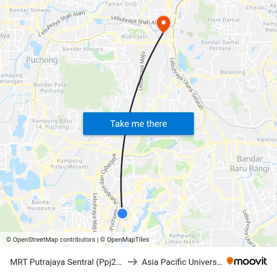 MRT Putrajaya Sentral (Ppj254) to Asia Pacific University map