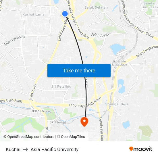 Kuchai to Asia Pacific University map