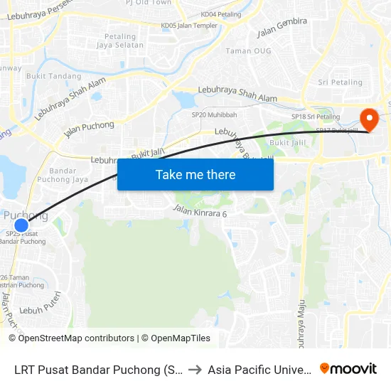 LRT Pusat Bandar Puchong (Sj735) to Asia Pacific University map