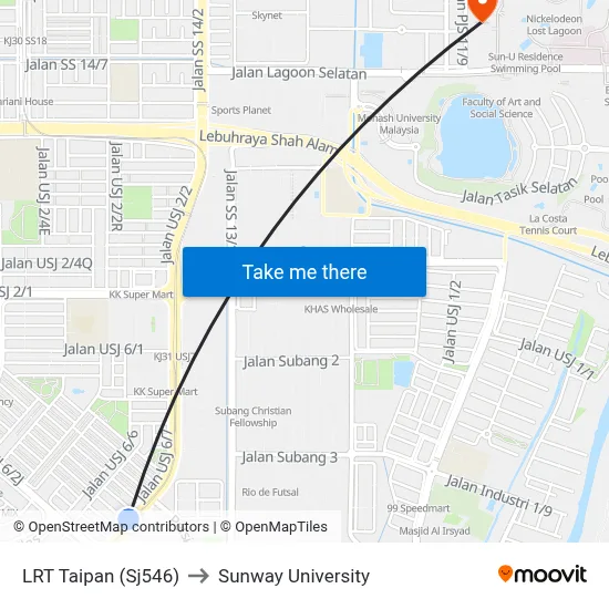 LRT Taipan (Sj546) to Sunway University map