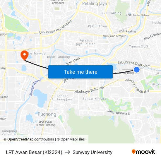 LRT Awan Besar (Kl2324) to Sunway University map
