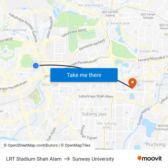 LRT Stadium Shah Alam to Sunway University map