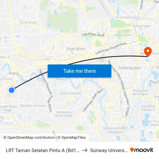 LRT Taman Selatan Pintu A (Bd110) to Sunway University map