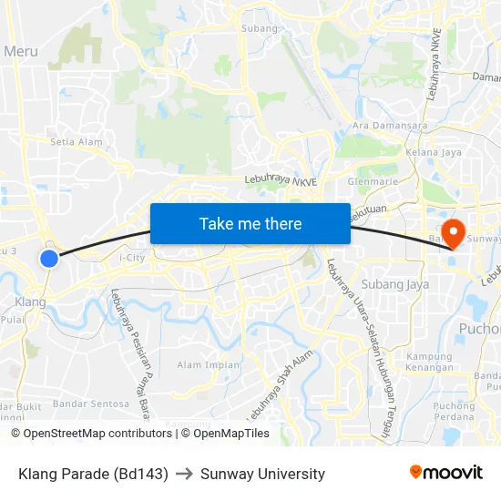 Klang Parade (Bd143) to Sunway University map