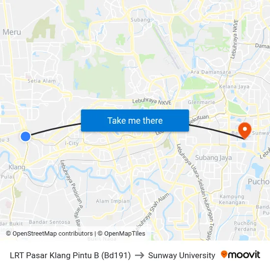 LRT Pasar Klang Pintu B (Bd191) to Sunway University map
