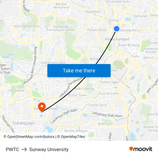 PWTC to Sunway University map