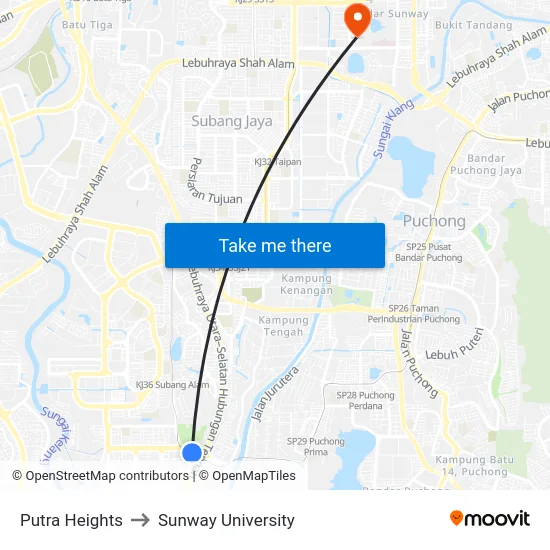 Putra Heights to Sunway University map
