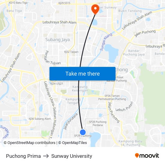 Puchong Prima to Sunway University map