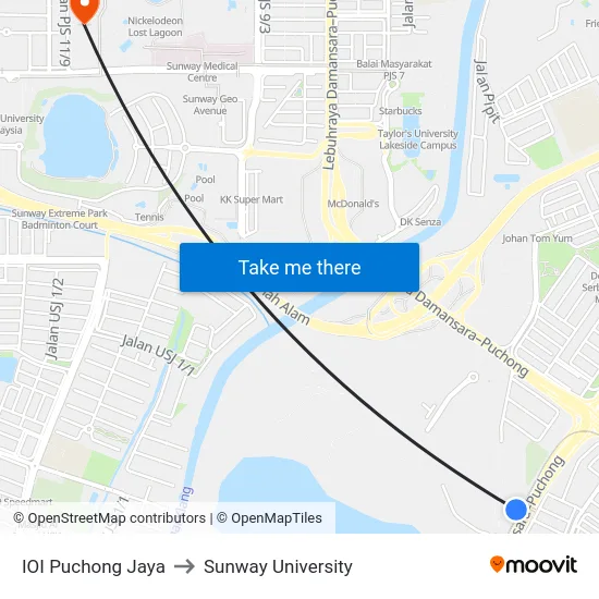 IOI Puchong Jaya to Sunway University map