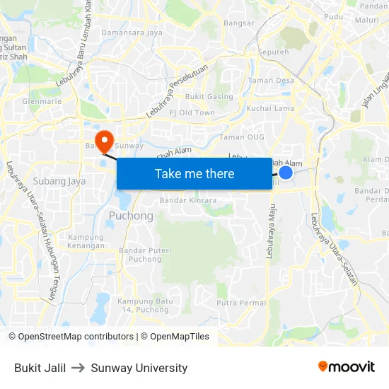 Bukit Jalil to Sunway University map