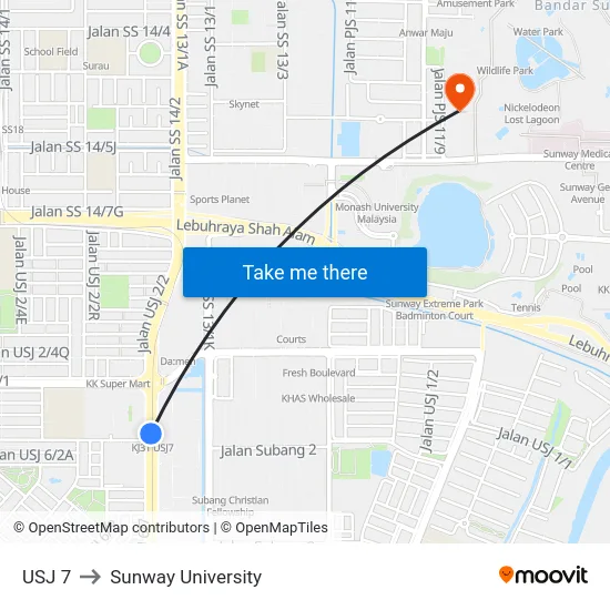 USJ 7 to Sunway University map