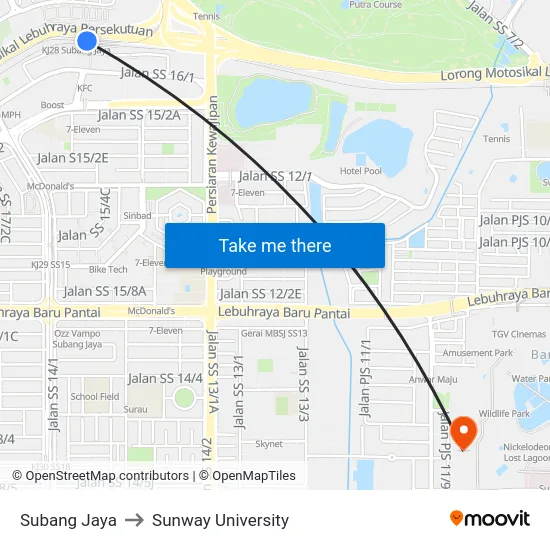 Subang Jaya to Sunway University map