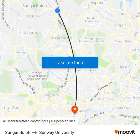 Sungai Buloh to Sunway University map