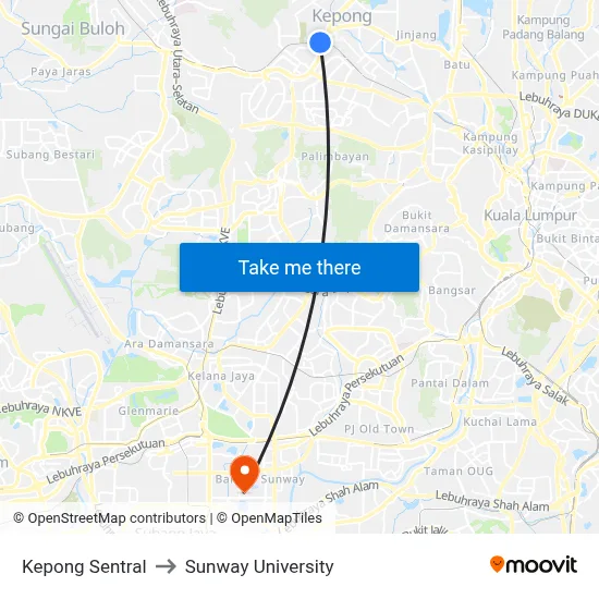 Kepong Sentral to Sunway University map