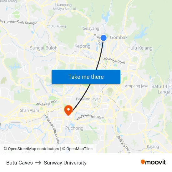 Batu Caves to Sunway University map