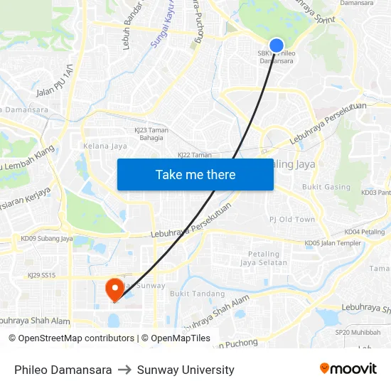 Phileo Damansara to Sunway University map