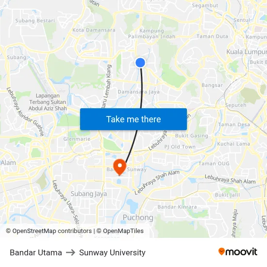 Bandar Utama to Sunway University map