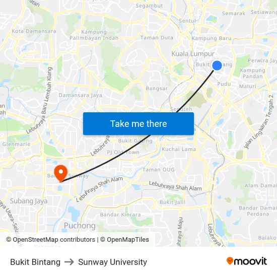 Bukit Bintang to Sunway University map