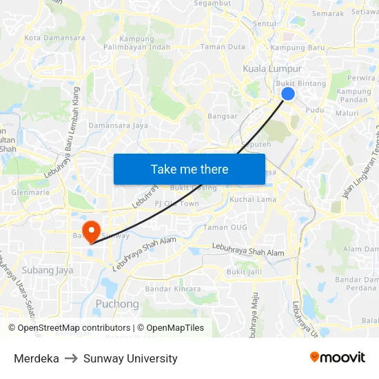 Merdeka to Sunway University map