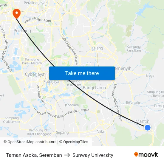 Taman Asoka, Seremban to Sunway University map